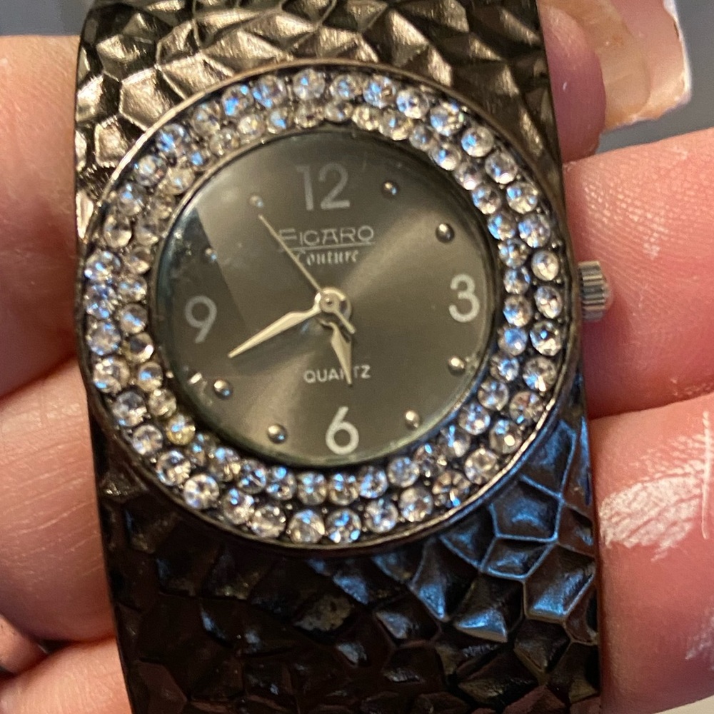 Vintage Figaro ladies Black Quartz Cuff Watch with Crystal Accents